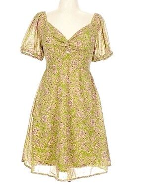 JAPNA ~ Floral Green and Pink Short Elastic Sleeve Dress Sheer Bodice Lined
